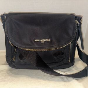 Karl Lagerfeld Paris Black Nylon "Cara" Flap Messenger Adjustable Crossbody Bag